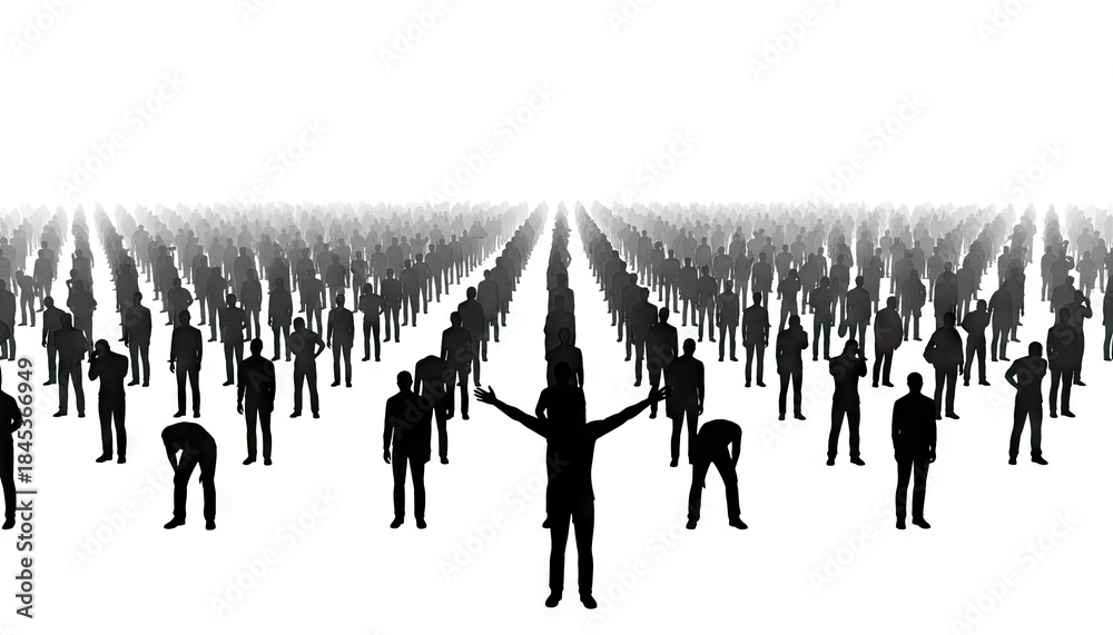 Naklejka premium Silhouettes Of A Large Crowd Of People Standing In Rows Facing The Camera With One Person Raising Arms In The Center Against A White Background