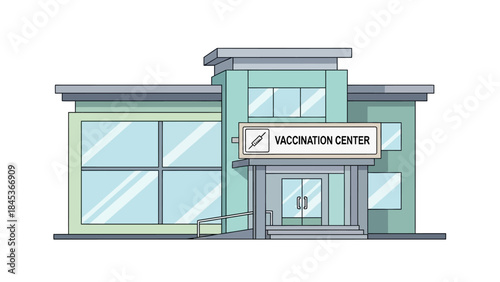 Illustration of a modern building labeled 'Vaccination Center' with large windows and double doors, conveying a sense of accessibility and health services