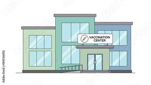 Illustrated Vaccination Center Building with Syringe Icon for Public Health and Medical Campaigns
