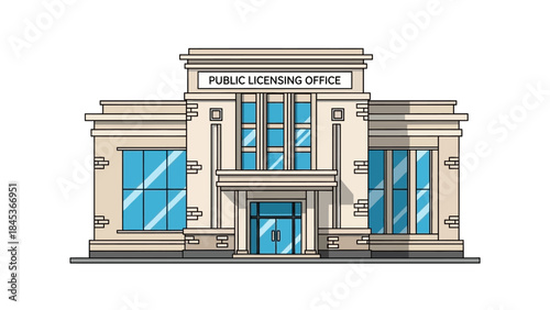 Vector illustration depicting a public licensing office building, symbolizing government administration, official permits, and regulatory compliance for various services and applications