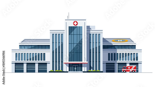 Modern hospital building illustration showcasing essential healthcare services, with an ambulance, helipad, and prominent medical cross, representing vital medical care facilities