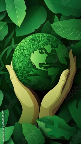 Hands Holding Green Earth Globe Made of Leaves in Lush Foliage.