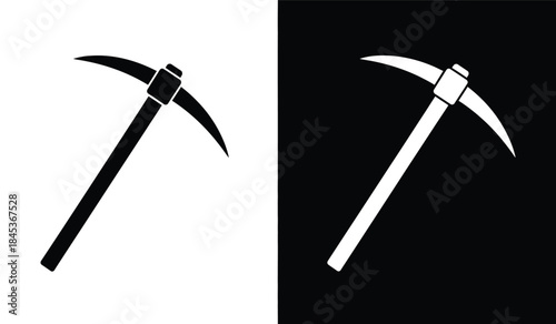 A striking visual contrast is presented with two pickaxes one black against a white background and the other white against black high quality
