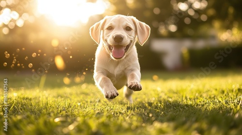Happy Golden Retriever Puppy Running Joyfully in Sunny Grass Field.