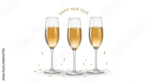 Realistic New Year Champagne Toast Set with Three Flutes, Gold Drink, and Happy New Year Text Vector Illustration
