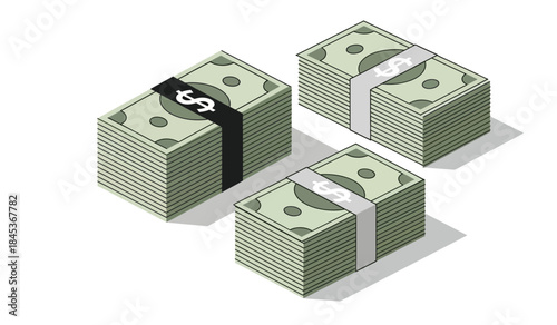 An isometric illustration showcases four neatly stacked bundles of united states dollar bills bound together with black bands suggesting wealth and financial resources