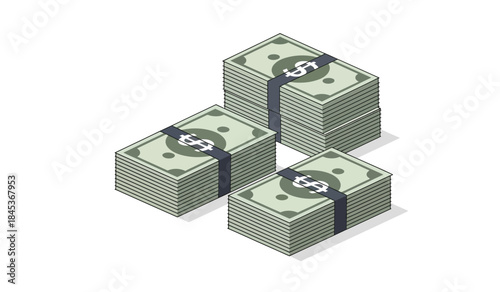 Isometric illustration depicting three stacks of one hundred dollar bills secured with black bands resting on a white surface symbolizing wealth and financial gain