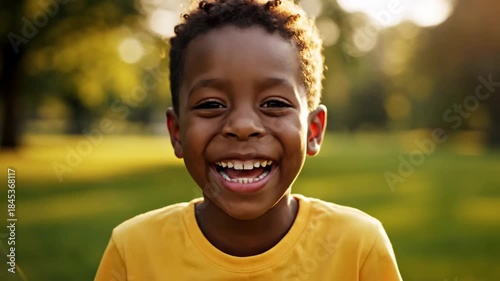 Joyful Boys Radiant Smile in Golden Sunlight at the Park.