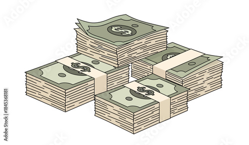 An illustration depicts multiple stacks of united states currency bundled with paper bands suggesting wealth finance and economic prosperity with a simplistic style
