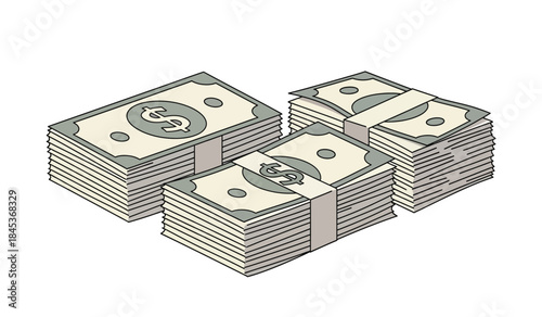 An artistic depiction of several stacks of united states currency showing bundles of cash wealth and financial resources in a simple style