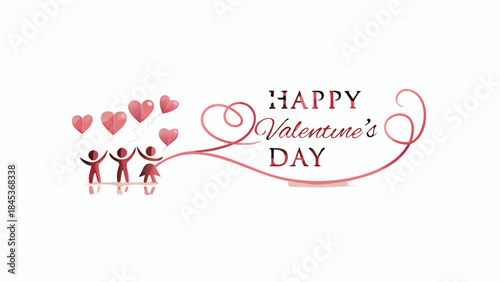 Three people holding heart balloons on white background with happy valentine's day text in red and pink colors