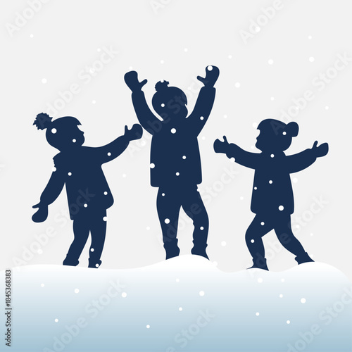 Flat illustration dark blue silhouette winter theme children playing in the snow