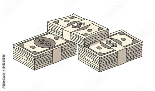 A simple illustrative depiction shows three stacks of united states currency neatly bundled together suggesting wealth and financial resources in a minimalist style