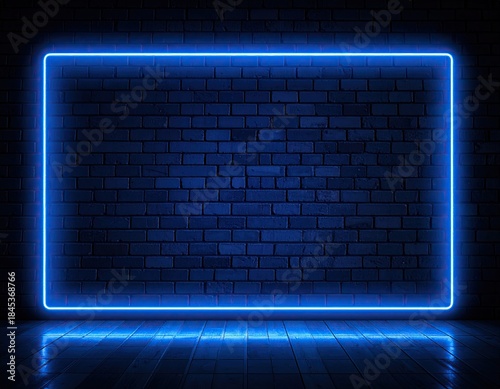 Blue neon rectangle on a brick wall, reflecting