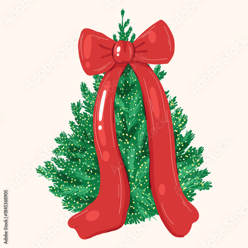 Festive Christmas Tree Featuring A Large Red Bow For Holiday Decoration And Celebration