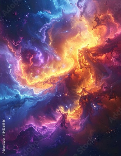 Fiery nebula swirls with vibrant cosmic colors