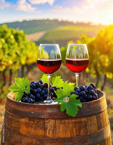 Two glasses of red wine on a barrel, vineyard backdrop