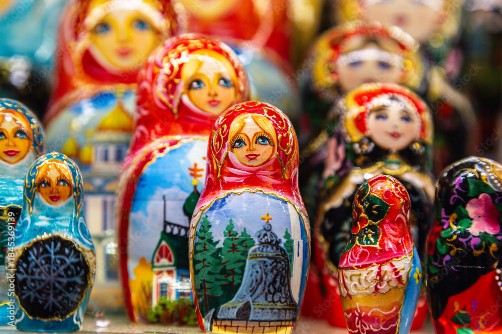 Fototapeta premium Wooden Nesting Dolls or Russian Matryoshka Dolls for sale in Russia