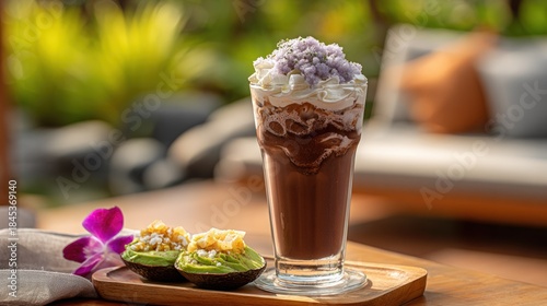Iced Chocolate Drink with Whipped Cream and Avocado Snacks Outdoors.