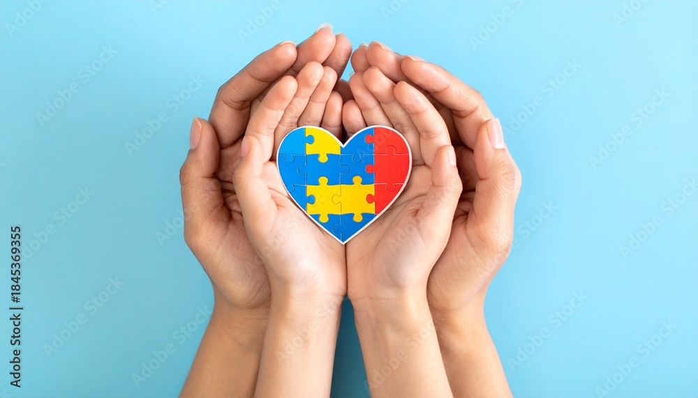 custom made wallpaper toronto digitalHands holding heart-shaped autism puzzle on blue background, symbolizing care, unity, and awareness.