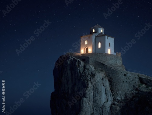 Illuminated White Chapel Perched on Dramatic Cliff at Night.