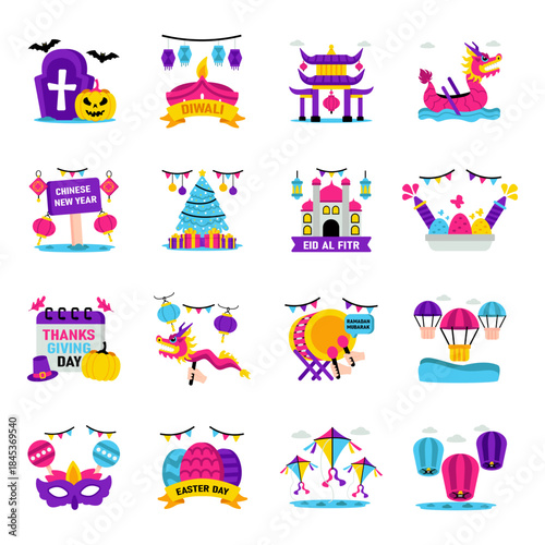 Set of Festivals Flat Illustrations 