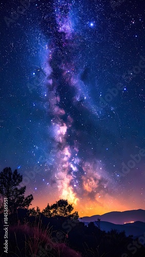 Night sky with Milky Way over mountains and trees