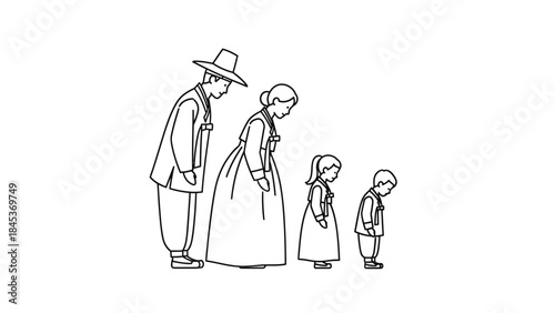 A line drawing illustration of a Korean family in traditional Hanbok bowing together, showing respect.