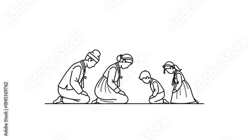 A line drawing of a Korean family, parents and children, kneeling and bowing in traditional hanbok.