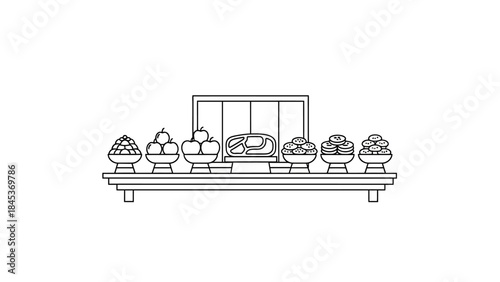 Line drawing of an altar with seven offering bowls, possibly containing food or fruits, and a decorative screen behind.