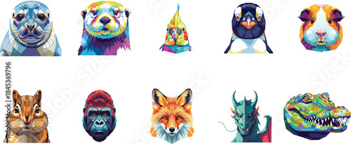 Collection of Stylized Geometric Animal Portraits, Featuring a Seal, Guinea Pig, Penguin, Chipmunk, Gorilla, Fox, Dragon, and Alligator