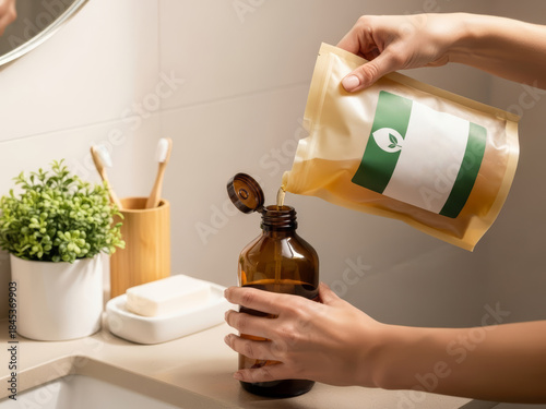 Woman refilling a reusable amber bottle with liquid soap from a bulk refill package in a modern bathroom for an eco friendly lifestyle.