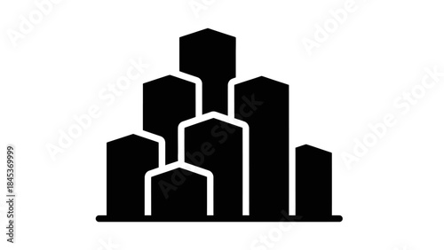 Minimalist black and white silhouette of modern city skyline with various building heights and