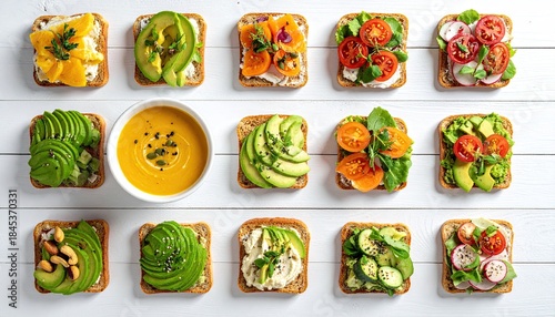 Various toasts and soup on a white wooden table