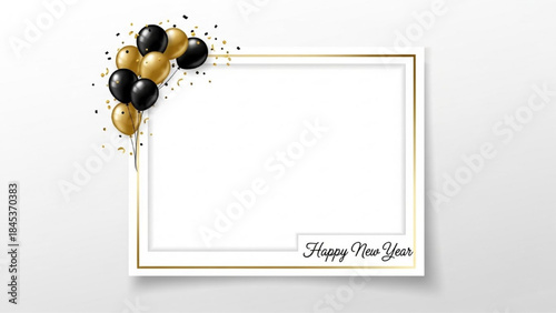 Realistic New Year Photo Frame with Gold Border, Black and Gold Balloons, Confetti, and Happy New Year Text Vector Illustration