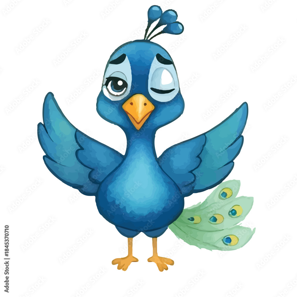 Fototapeta premium Adorable Blue Peacock Bird with Spread Tail Feathers.