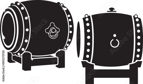 A black silhouette illustration featuring traditional japanese taiko drums from two angles