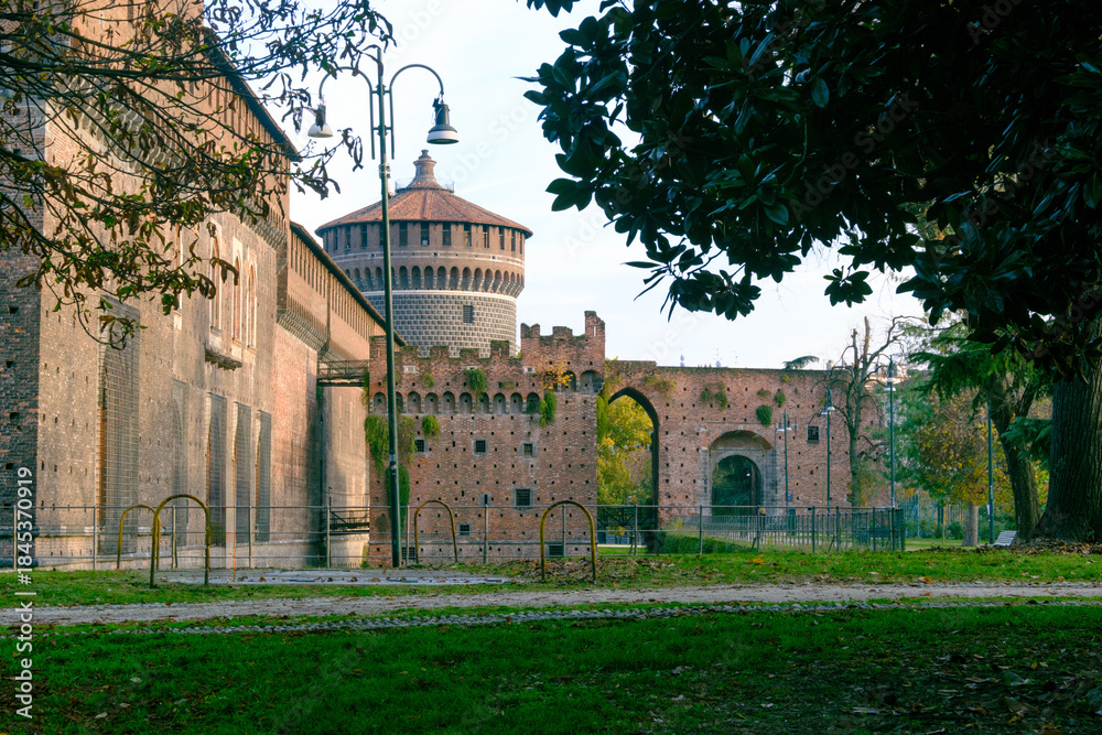 Fototapeta premium Autumn at Parco Sempione, Milan, with the Castello Sforzesco