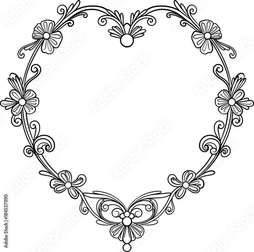 vintage heart-shaped frame with floral ornament outline vector illustration