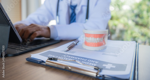 Dentist examining patient’s teeth, explaining oral health issues, reviewing x-rays, planning treatment, providing friendly dental care, diagnosis, orthodontic assessment, therapy.