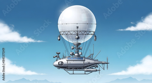 Airship flying through blue sky.