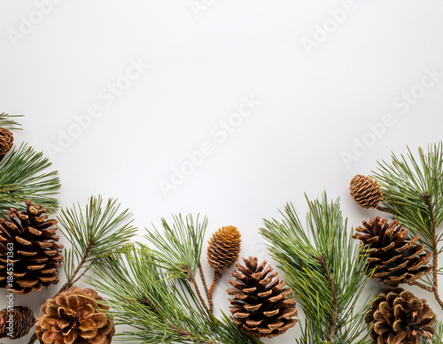 Festive Minimalist Holiday Composition Featuring Pine Branches and Pine Cones on White