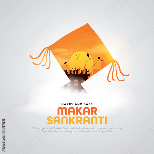 Makar Sankranti Poster design flying kite and cityscape. Makar Sankranti is a Hindu harvest festival celebrated across India. Creative vector illustration.