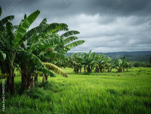 Lush Banana Plantation in Green Field Under Cloudy Sky.