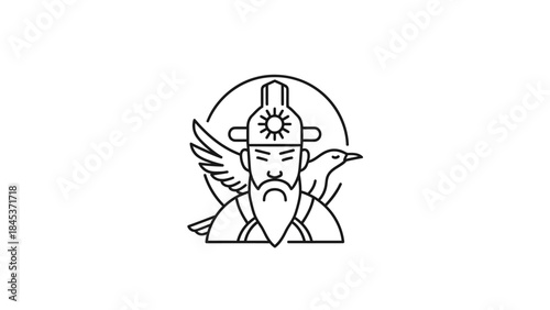 Line art illustration of a bearded man in a sun-crested helmet with a large bird and a duck, enclosed in a circle, depicting a warrior or mythological figure.