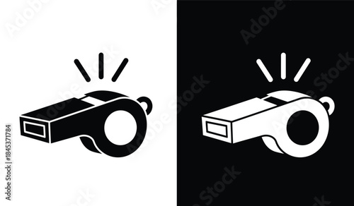 A striking visual representation showcases a referee whistle in both black and white color schemes highlighting its iconic form and function in sports