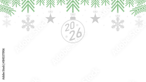 Banner with Christmas trinkets greeting card, silver trinkets whistling from the branches of the Christmas tree, Christmas balloon with the text 2026. Vector illustration