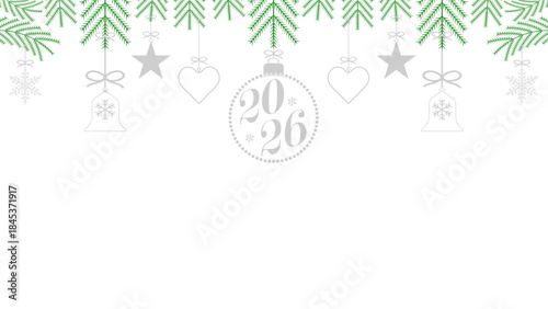 A banner with Christmas ornaments, a greeting card, silver trinkets whistling from the branches of the Christmas tree, a Christmas balloon with the text 2026. Vector illustration