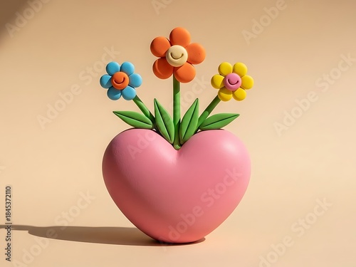 Colorful flowers in heart shaped vase