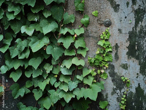 Lush Green Ivy Vines Climbing Weathered Concrete Wall.
